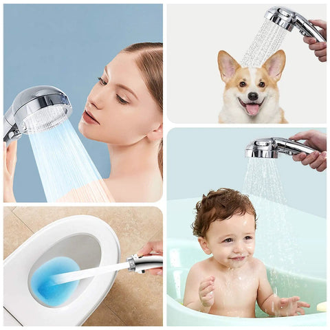 Woman and baby using High Pressure Handheld Shower Head With On Off Switch Detachable Hose And 3 Spray Modes Shower Massager