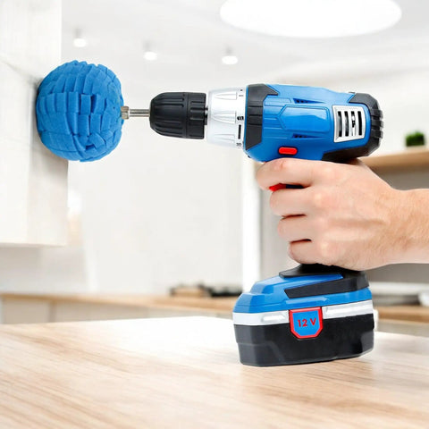 3 Inch Polishing Ball For Drill Detailing Adapter Round Buffing Cone Finishing Pad attached to a blue power drill