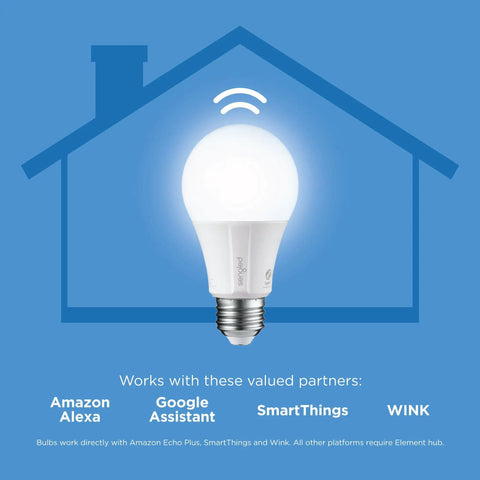 Zigbee A19 Daylight LED Light Bulbs, 8 Pack, 60W Equivalent, Hub Required, illustration of smart bulb with compatibility logos.
