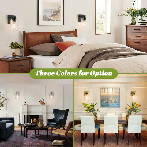 Modern Wall Sconces Set Of Two For Bathroom Vanity Killer Matte Black Finish With Clear Glass Shades displayed in various room settings.