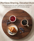 Top Tier 24 Inch Round Lazy Susan With Dead Smooth 360 Spin, Walnut Veneer Table Top Serving Tray with breakfast items.