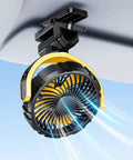 Battery Powered Clip On Car Fan For Visor And Back Seat, Portable USB Rechargeable in yellow attached to car visor