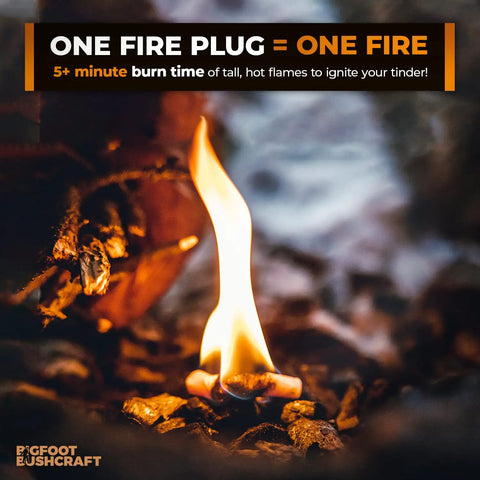 Non Toxic Waterproof Fire Starters Keep It Lit With Five Minute Burn For Emergencies Survival Campfires Fire Pits And Grills Made In The USA 30 Pack For Any Adventure showing a burning fire plug.