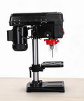 Ideally House 8 Inch Benchtop Drill Press With Powerful 2.5A Motor And Five Adjustable Speeds For Precise Wood And Metal Drilling Projects Featuring Tilting Table That Goes From Zero To Forty-Five Degrees For Angled Holes, side view showing motor and drill.