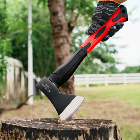 Rugged 15 Inch Camping Axe For Kindling And Wood Chopping With Forged 45 Carbon Steel Head and Non Slip Fiberglass Handle