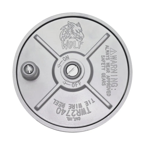 Top view of 6.25 Inch Aluminum Tie Wire Reel with knob and safety warning engraving