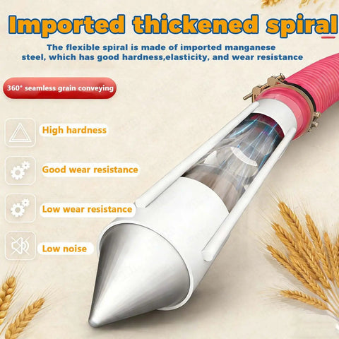 Portable Grain Sucker Auger Conveyor With 2000W High Torque Motor showing thickened spiral and features for farm use.