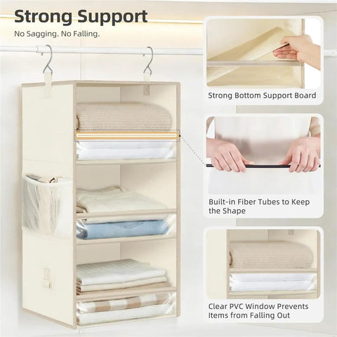 3 Tier Hanging Closet Organizer With Adjustable Detachable Shelves And Clear Window Panels For No Sweat Storage Socks Hats Gear Clean And Crisp Quick Grab Setup with soft fabric shelves and clear panels.