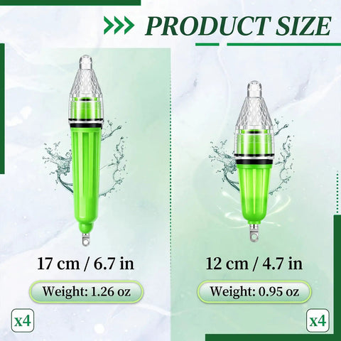 8 Pack Underwater Fishing Lights Green LED Deep Drop Night Fishing Set 360 Degree Bait Lure Attractant Waterproof For Saltwater Lake River Sea Includes 4 Large 6.7 Inch And 4 Small 4.7 Inch Lights AA Battery Powered, showing product sizes 6.7 inch and 4.7 inch with weights