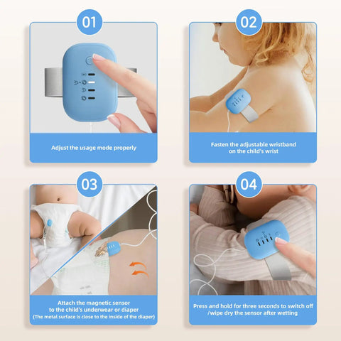 USB Rechargeable Bed Wetting Alarm for Boys and Girls With Ultra Sensitive Sensor, Loud Beep and Strong Vibration, Kid Friendly Potty Training Aid for Nighttime Enuresis, Quick Wake Up Call, Durable and Easy to Use, Blue, child wristband and diaper sensor setup