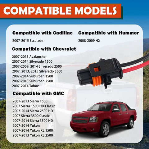 Alternator Pigtail Harness With Terminals 2 Pin Plug OEM 25877026 shown with compatible GM models list and red truck background