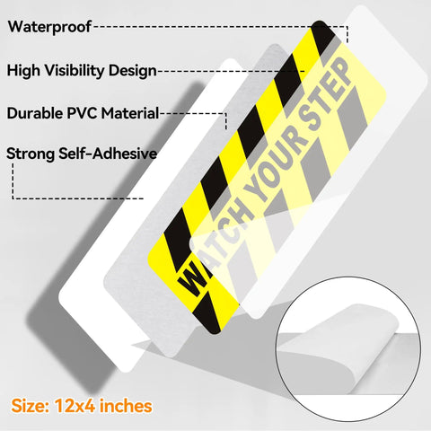 Watch Your Step Sign 5 Pack Budget Friendly Self Adhesive Floor Decals Yellow Black Caution Labels For Stairs And Steps Trip Hazard Areas Durable Non Slip Safety Stickers For Home Office And Busy Hallways, 12x4 inches PVC