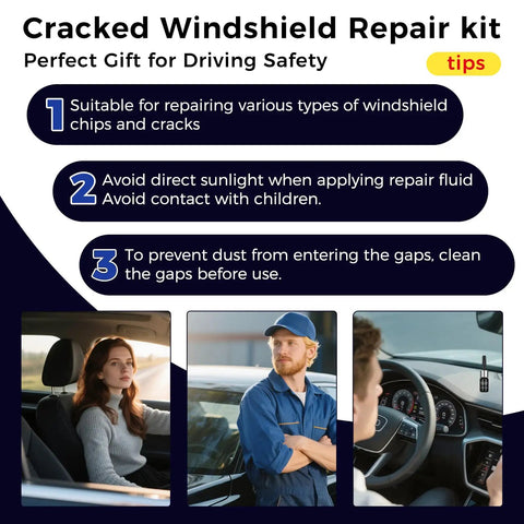 Instructions for using Windshield Chip Repair Kit For Cars With Clear Nano Resin to fix chips and cracks in auto glass.