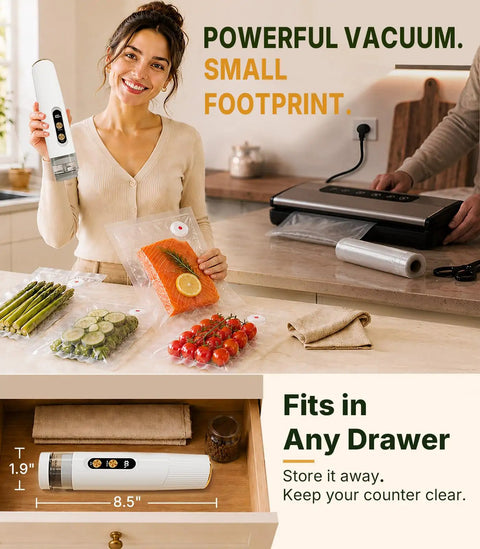 Handheld Food Vacuum Sealer Cordless Compact Sealer With 30 Reusable Bags on counter with sealed vegetables and salmon