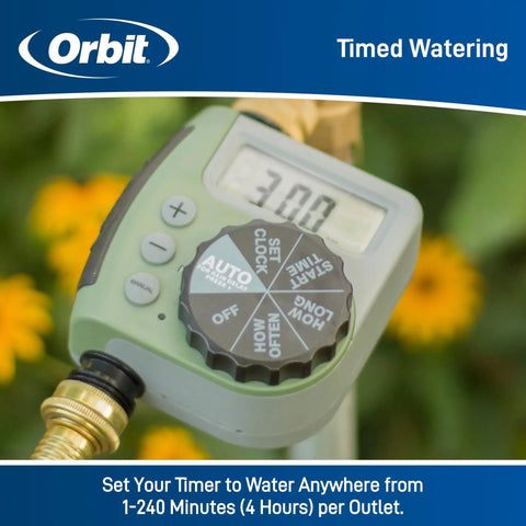 One-Outlet Single-Dial Hose Faucet Timer with LCD display and black dials, close-up in garden setting