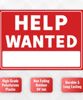 Red and white sign with bold text 'HELP WANTED'. Two Pack Help Wanted Signs 14 By 10 Inches 20 Mil Polystyrene Durable Indoor Outdoor Weatherproof Vibrant Colors For Your Biz Stores Restaurants Hiring Now.