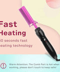 Homfu Electric Hot Comb For Natural Hair, Violet Heat Pressing Straightener Brush with black handle and pink comb.