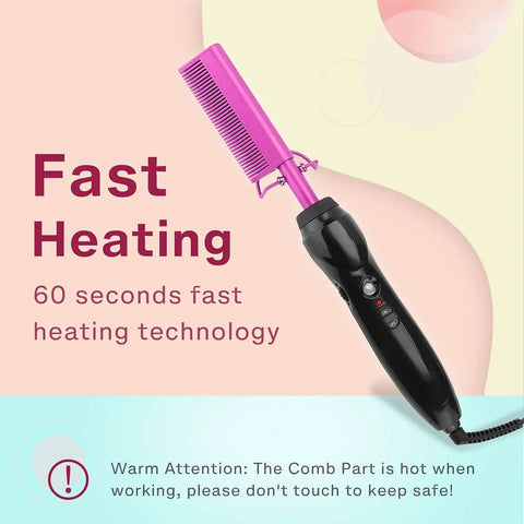 Homfu Electric Hot Comb For Natural Hair, Violet Heat Pressing Straightener Brush with black handle and pink comb.