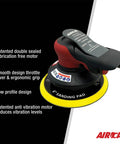 Heavy Duty 6 Inch Pneumatic Palm Sander 3/8 Orbit 11000 Rpm With Hook And Loop Pad Sealed Lubrication Free Motor close-up with grip and pad details.