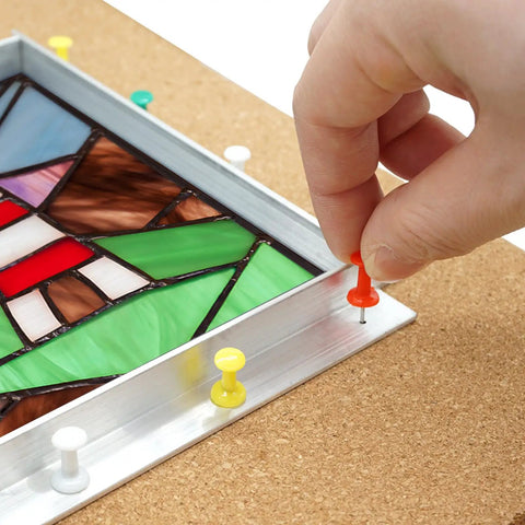 Professional Stained Glass Layout Block System With 80 Push Pins To Keep Your Panels Dead Square and measuring blocks in use.