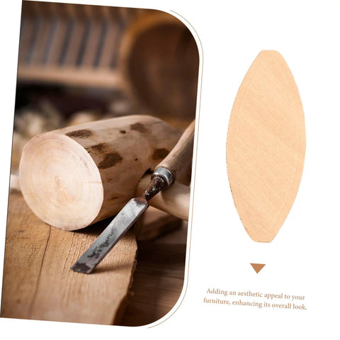 Close-up of the Knockout 100 Piece Wood Biscuit Joiner Kit showing wooden biscuits and a chisel on a workbench.