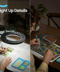 10X Magnifying Glass With Light And Stand in use for diamond painting, showing 144 LED lamp illuminating work area at a desk.