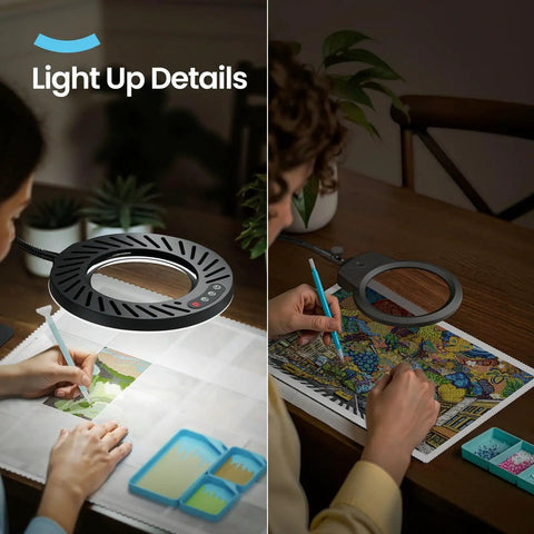 10X Magnifying Glass With Light And Stand in use for diamond painting, showing 144 LED lamp illuminating work area at a desk.