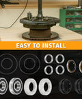 Image of a 16 Piece Rear Axle Bearing And Seal Kit For Toyota Tacoma 1995 Through 2004 And 4Runner 1996 Through 2002 Replacement Part Numbers 90520 36045 42423 20010 90363 40020 Built To Last Beefed Up Heavy Duty Truck Axle Repair Kit displayed with components on a workshop table, emphasizing 'Easy to Install' message.