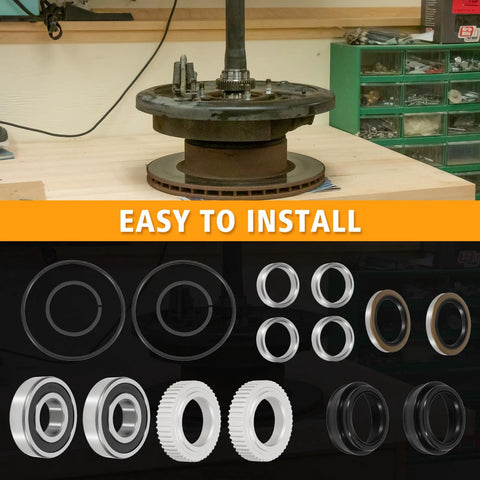 Image of a 16 Piece Rear Axle Bearing And Seal Kit For Toyota Tacoma 1995 Through 2004 And 4Runner 1996 Through 2002 Replacement Part Numbers 90520 36045 42423 20010 90363 40020 Built To Last Beefed Up Heavy Duty Truck Axle Repair Kit displayed with components on a workshop table, emphasizing 'Easy to Install' message.