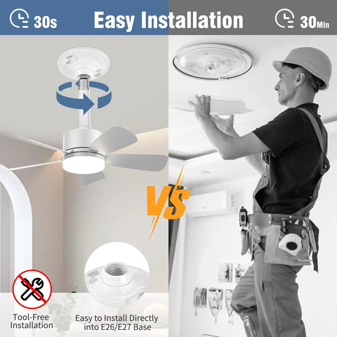 Installation of 17.5 Inch Socket Fan Light With Remote, 25W LED Ceiling Fan, 1600 Lumens, for bedroom or garage ceiling.