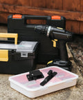 RV Cabinet Door Latch Set With Spring Hook Lock Design, black ABS material, shown with toolbox and drill, includes screws and adhesive