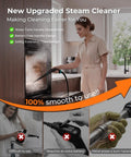 Woman using the 16-In-1 Upgraded Steam Cleaner With 2500W Motor And 9S Rapid Heating on an oven, showcasing safety extension tube design.