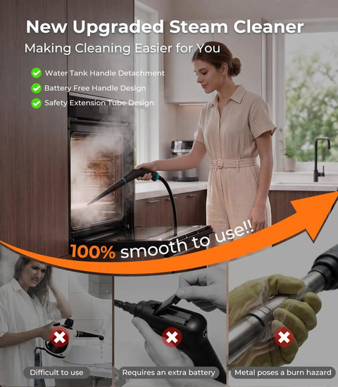 Woman using the 16-In-1 Upgraded Steam Cleaner With 2500W Motor And 9S Rapid Heating on an oven, showcasing safety extension tube design.