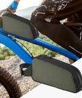 Green Frame Storage Pouch For Cycling Top Tube Bag And Bikepacking Gear on blue bike frame, zipper and straps visible