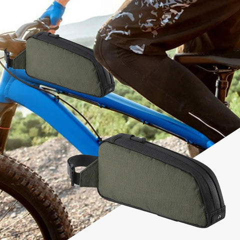 Green Frame Storage Pouch For Cycling Top Tube Bag And Bikepacking Gear on blue bike frame, zipper and straps visible