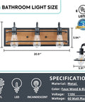 Bathroom dimensions of Rustic Three Light Vanity Fixture With Industrial Black Finish And Faux Wood Back Panel, Vintage Vibe Wall Mount Bath Light For Mirror, Bedroom, Kitchen, Living Room Or Cabinets.