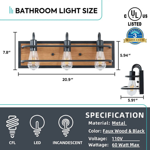 Bathroom dimensions of Rustic Three Light Vanity Fixture With Industrial Black Finish And Faux Wood Back Panel, Vintage Vibe Wall Mount Bath Light For Mirror, Bedroom, Kitchen, Living Room Or Cabinets.