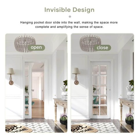 Open and closed views of a Five Point Three Foot Sliding Pocket Door Hardware Kit For Commercial Grade Aluminum Box Rail Track