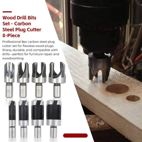 Badass Sharp And Ridiculously Tough Eight Piece Wood Plug Cutter Drill Bit Set With Titanium Coated Carbon Steel for accurate wood plug drilling.