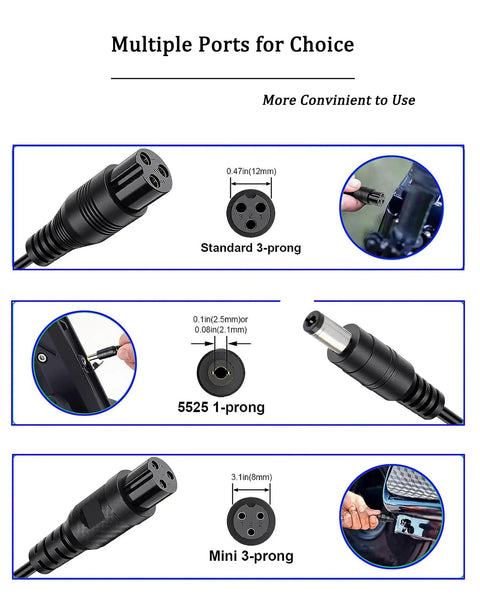 Fast 29.4V 2A Universal Battery Charger for Electric Scooters, 3 Plugs, 25.2V Li Batteries Replacement Smart Charger with Barrel 5.5mm, 12mm and 8mm Plug Options, Safe High Speed Charging