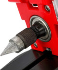 Close-up of the spindle on the Super Cool Mini Metal Lathe Machine 12V 36W with sharp point for precise shaping.