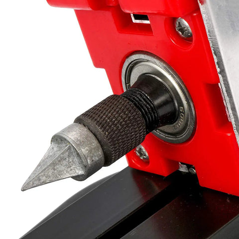 Close-up of the spindle on the Super Cool Mini Metal Lathe Machine 12V 36W with sharp point for precise shaping.