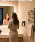 Woman using Power Saving 450W Space Heater With Remote Wall Outlet Plug As Seen On TV Adjustable Thermostat And Timer in bathroom
