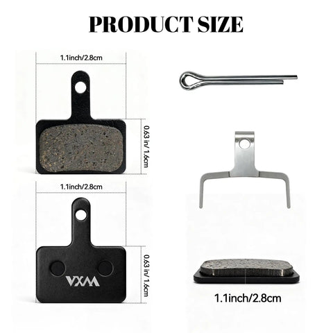 Copper Fiber Semi Metallic Disc Brake Pads 4 Pack With Springs for mountain bike brakes, size 1.1inch/2.8cm displayed.