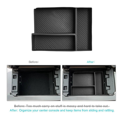 Mazda CX 90 CX 70 Center Console Organizer Tray for 2024 2025 2026 Models shown in use with before and after installation views.