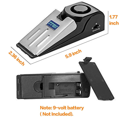 Portable Door Stop Alarm 2 In 1 Security Alarm Door Stopper With 120db Loud Entrance Alert, silver and black, battery compartment