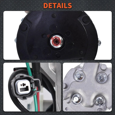 Top Rated AC Compressor Replacement For Honda CRV Two Point Four Liter 2002 Through 2006 Quick Chill Drop In unit with connections and mounting details.