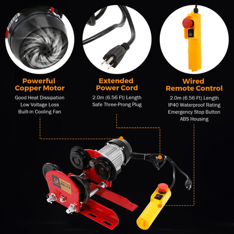 Beefy Electric Trolley For Power Hoist, 1 Ton Capacity, features powerful copper motor, extended power cord, wired remote control