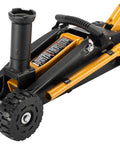 Heavy Duty 2 Ton Cat Wheelie Off-Road Trolley Jack With Massive 4-Inch Oversized Wheels For Rocky Terrain, close-up view showing wheels and handle.