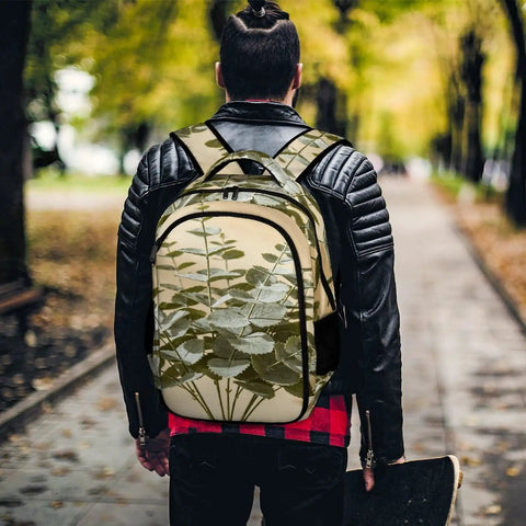 Back view of person with Soft Shadow Neutral Plant Print Unisex Backpack Large Capacity For Everyday Carry Durable Polyester Daypack